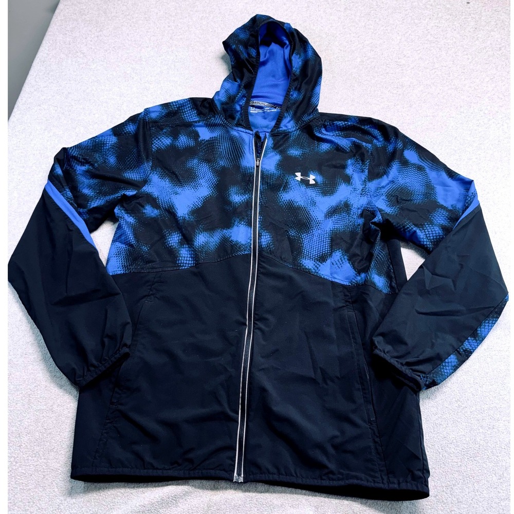Under Armour Mens L HeatGear Hooded Running Jacket Blue Black Full Zip Fitted